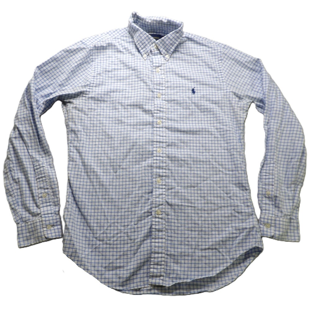 Polo Ralph Lauren Men M Blue White Gingham Slim Fit Oxford OCBD Shirt Navy Pony